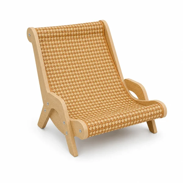 LowPurr Curved Rattan-Style Cat Lounge Bed with Replaceable Pad white background product photo
