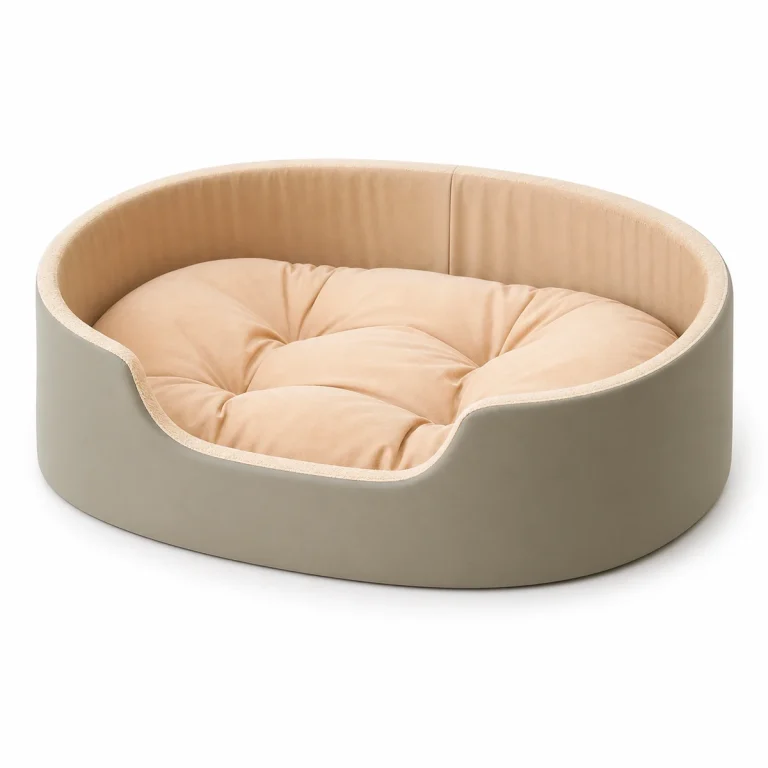 LowPurr Green Oval Bolster Cat Bed with Pink Cushion white background product photo