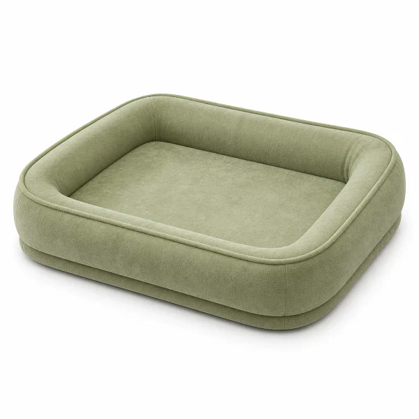 LowPurr Olive Oval Bolster Cat Bed with Raised Cushion Edge white background product photo