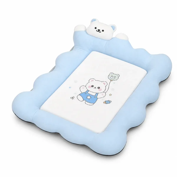 LowPurr Blue Pillow Sofa Cat Bed with Soft Backrest white background product photo