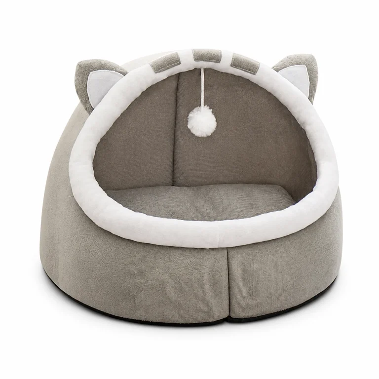 LowPurr Pudding Cat Cave Bed with Soft Gray House Shape white background product photo