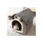 LowPurr Plush Bear House Cat Cave Bed with Fold-Over Roof - 42 x 34 cm