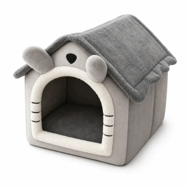 LowPurr Plush Bear House Cat Cave Bed with Fold-Over Roof white background product photo