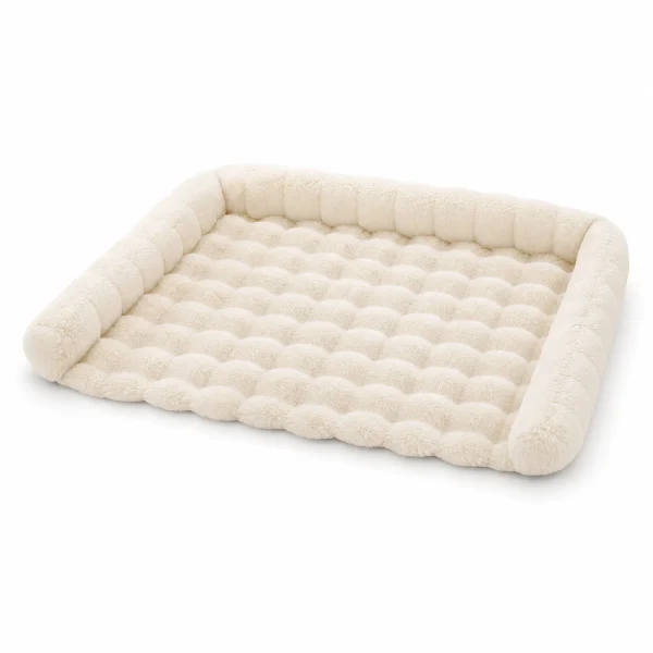 LowPurr Quilted Cream Floor Cat Bed for Large Stretching Cats white background product photo