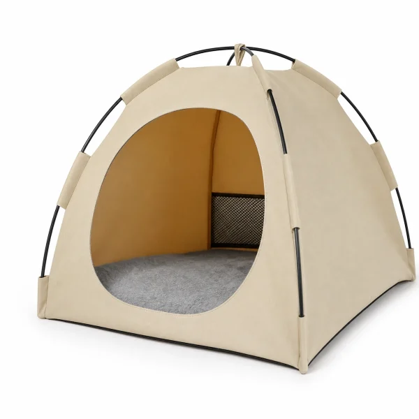 LowPurr Warm Tent Cat Cave Bed with Quilted Front Mat white background product photo