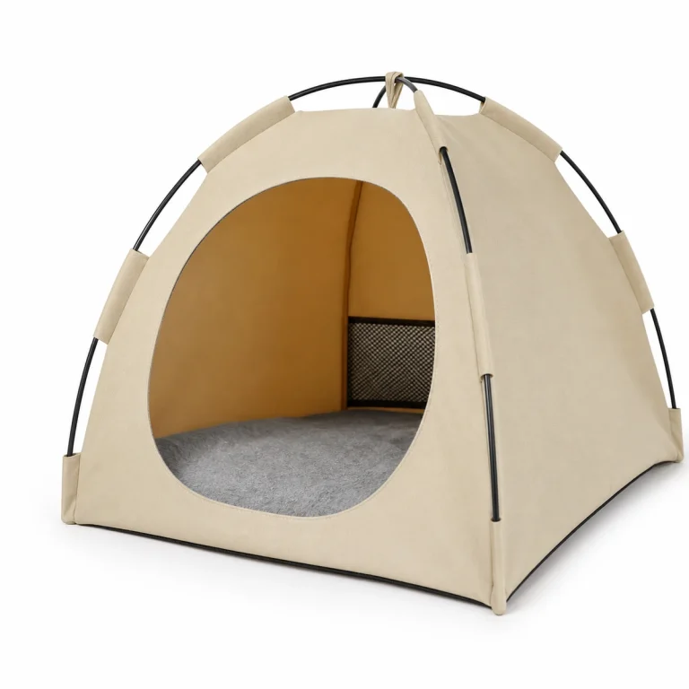 LowPurr Warm Tent Cat Cave Bed with Quilted Front Mat white background product photo