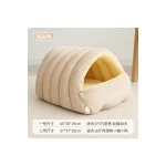 LowPurr Beige Ribbed Hooded Cat Bed with Cushion Pillow - green / 45 x 30 cm