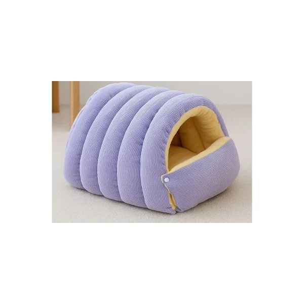LowPurr Beige Ribbed Hooded Cat Bed with Cushion Pillow white background product photo